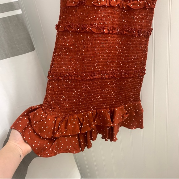 OLIVACEOUS Orange Smocked Ruffle Rib Knit 100% Rayon Bodycon Mini Dress Small - Picture 5 of 13